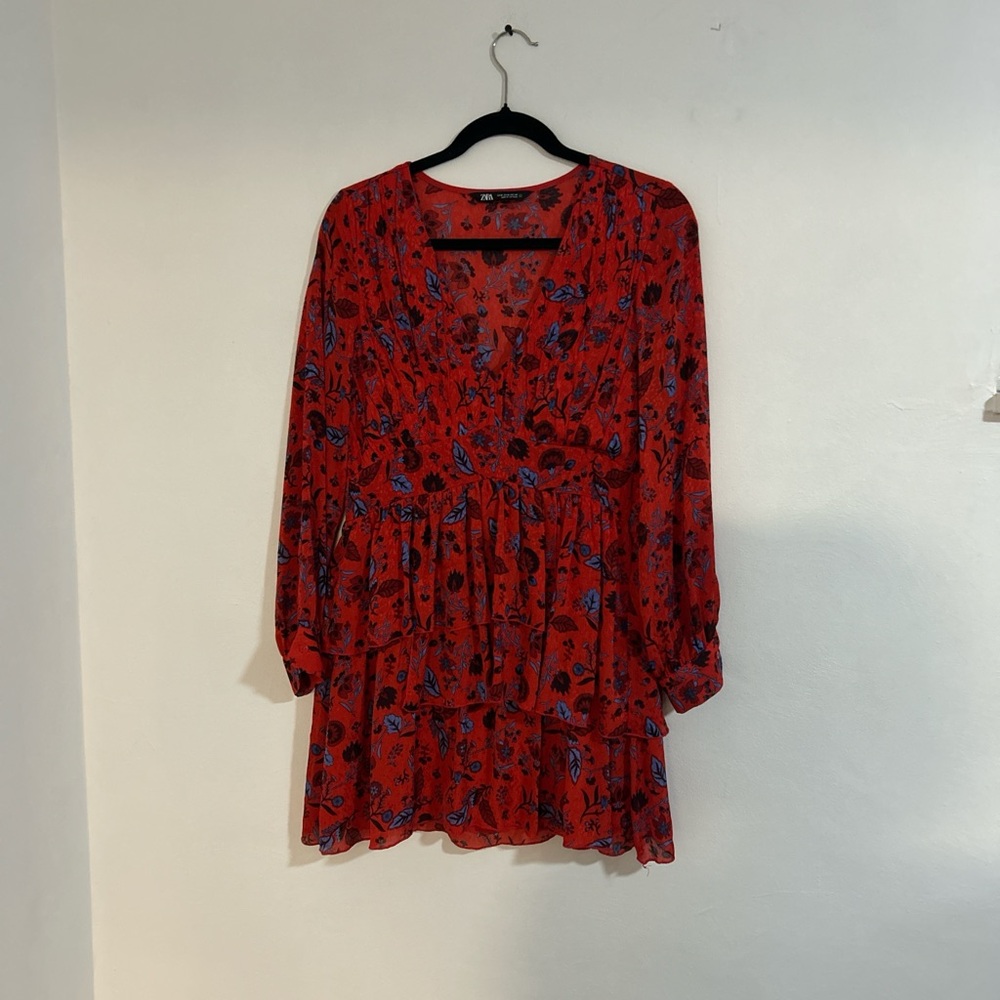 Zara Red and Blue Floral Long Sleeve Dress